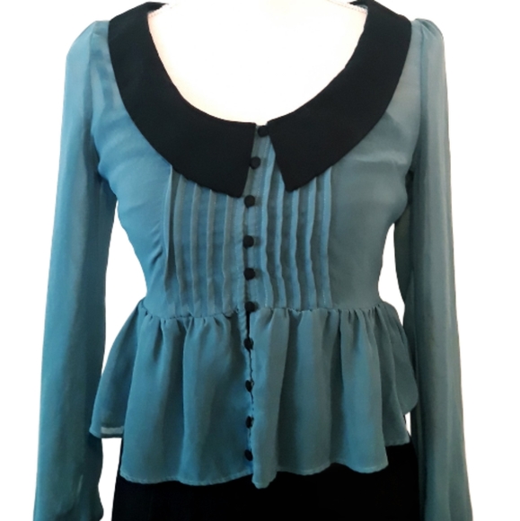 Double Zero Tops - Double Zero Sheer Ruffle Front Blouse Size - Size Small/XS Teal Blue